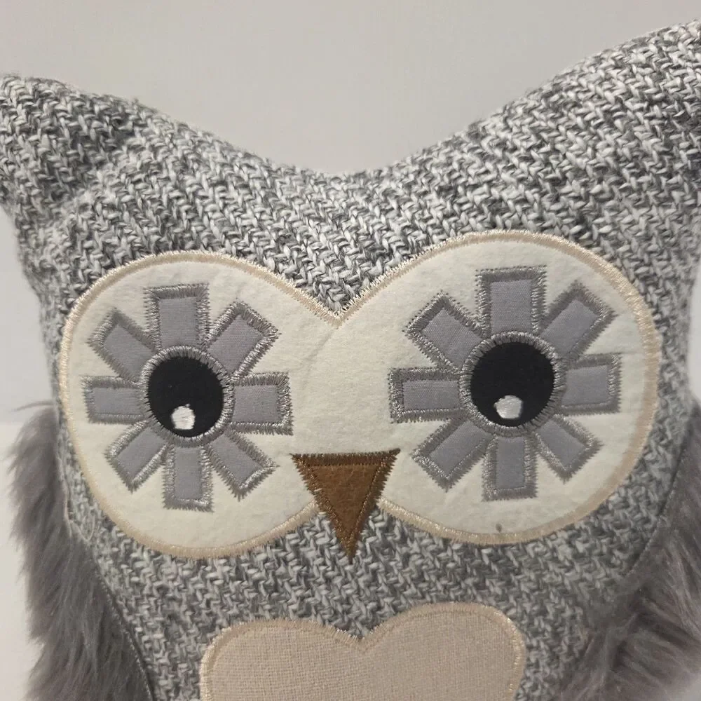Owl Door Stopper Weighted Stuffed Gray Fluffy Fur Heart NWT